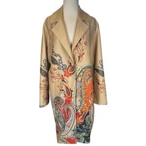Chicos Paisley Long Swing Coat Boho Artsy Duster Jacket Travel Open Front Size3